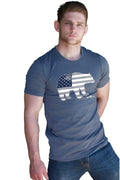 Blue heathered cotton t shirt with white bear silhouette and american flag pattern bear flag premium heather design