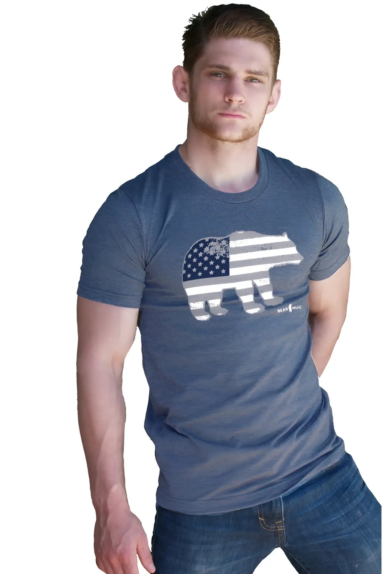Blue heathered cotton t shirt with white bear silhouette and american flag pattern bear flag premium heather design