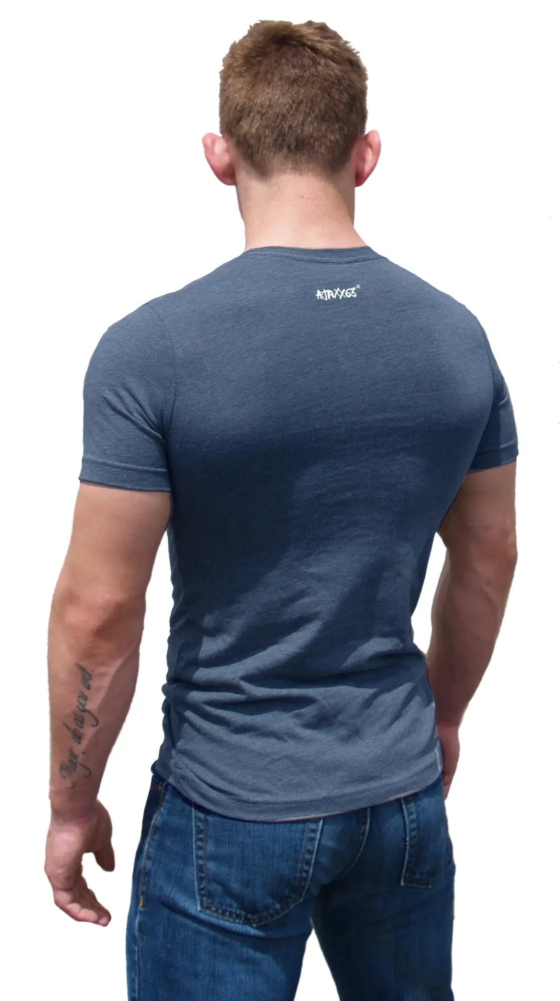 A dark blue premium heather cotton t-shirt with short sleeves and a small white logo on the back upper side