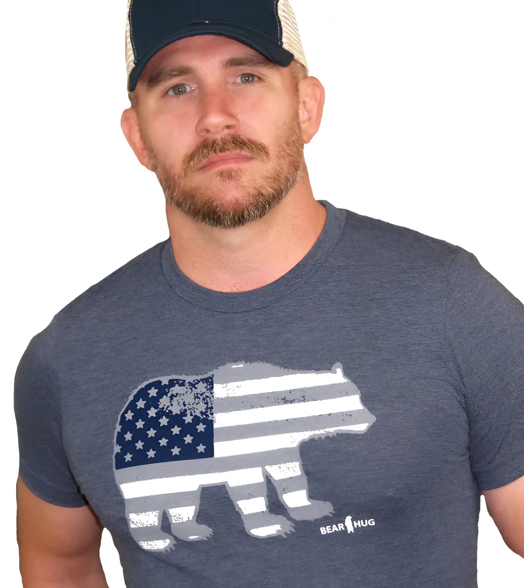 A dark heather gray short-sleeved bear hug t-shirt with a distressed american flag bear design premium heather