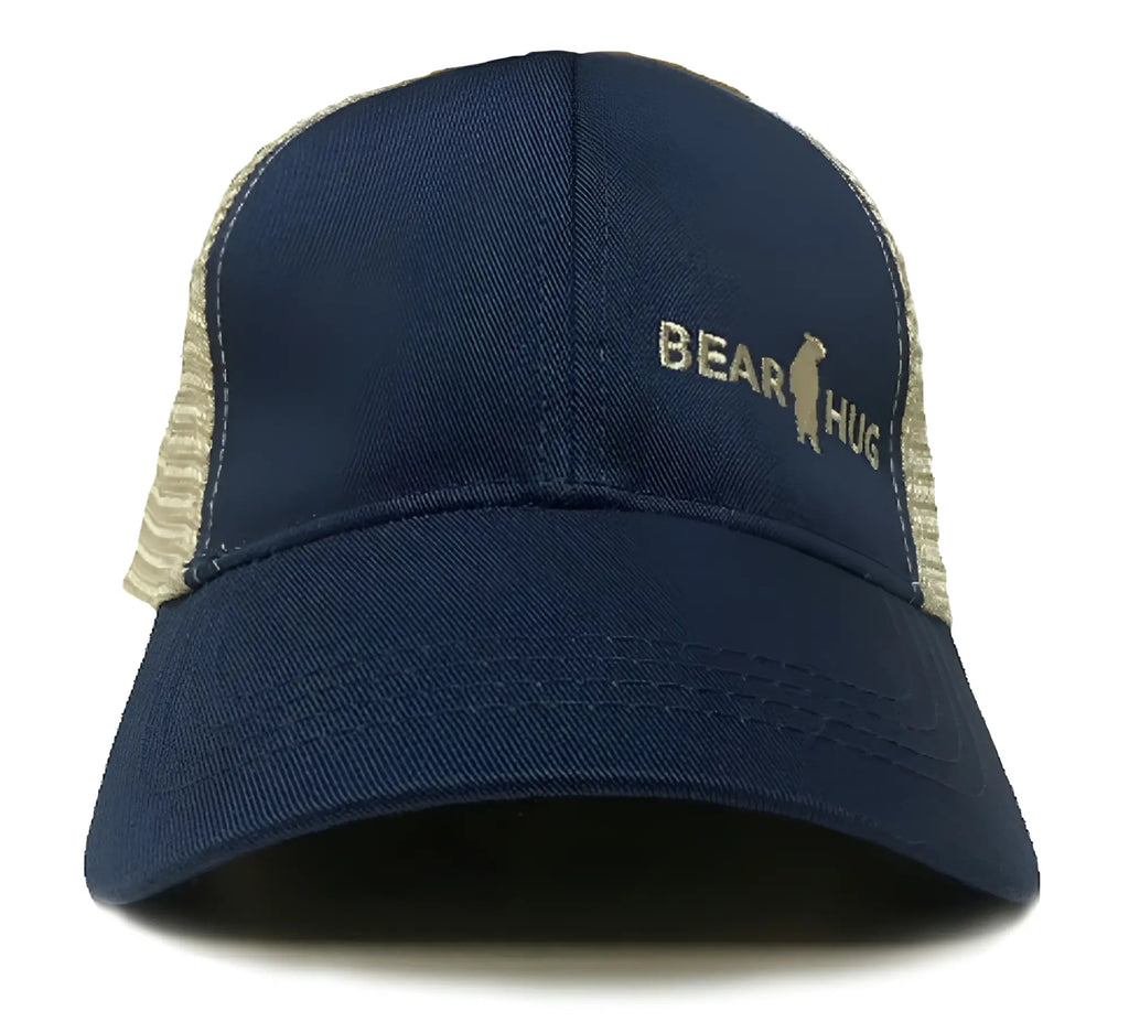 Navy blue Bear Hug cap with beige mesh back and gold embroidered bear hug logo on front panel