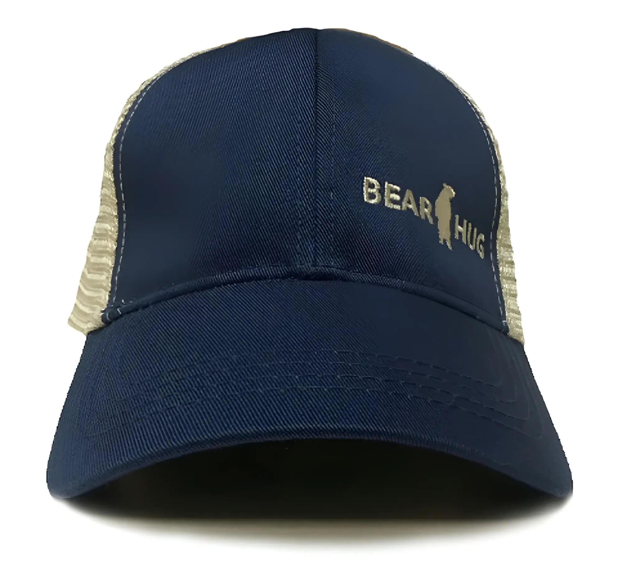 Navy blue Bear Hug cap with beige mesh back and gold embroidered bear hug logo on front panel