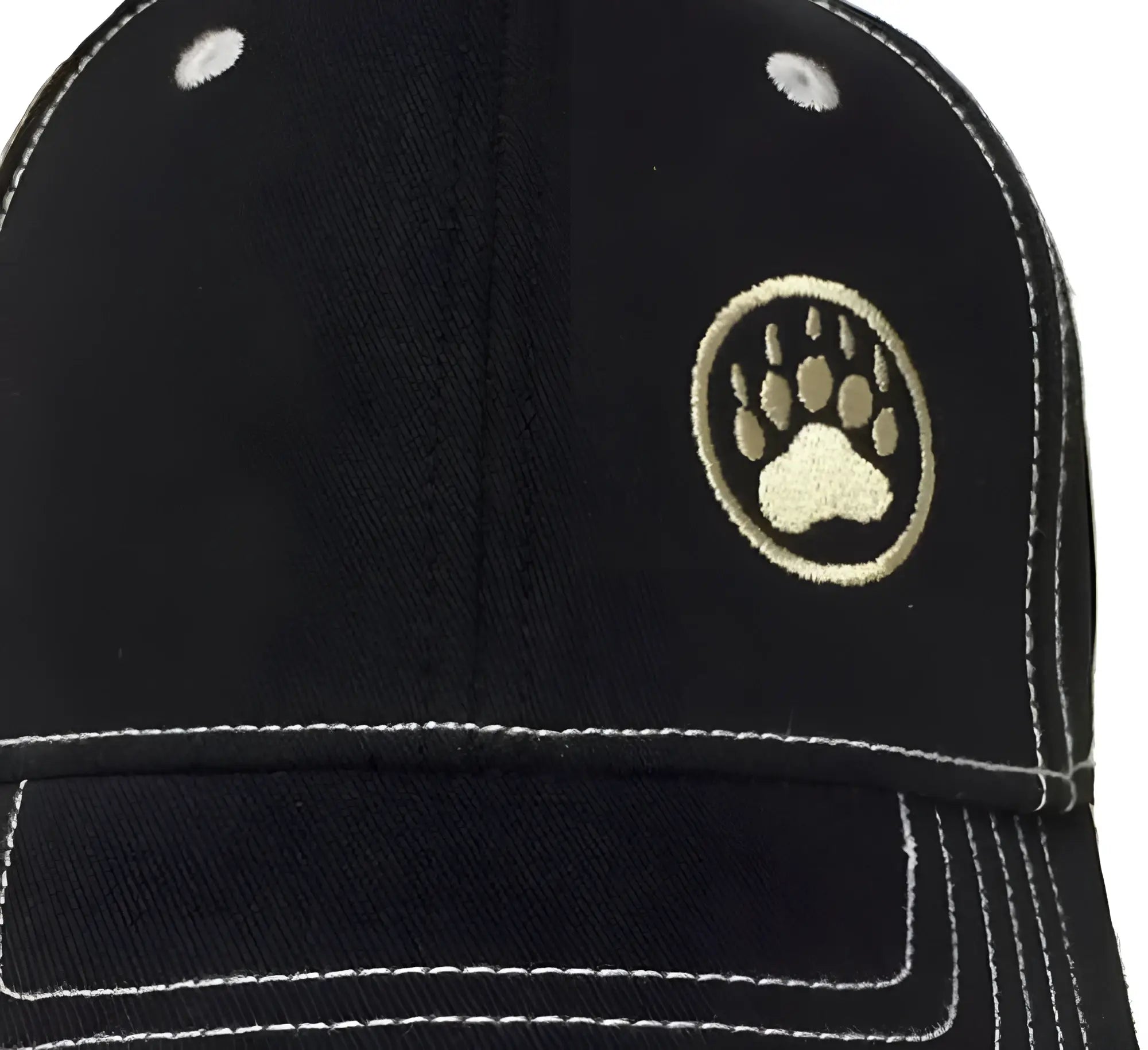 Black bear paw logo cap featuring a beige embroidered paw print and white stitching details