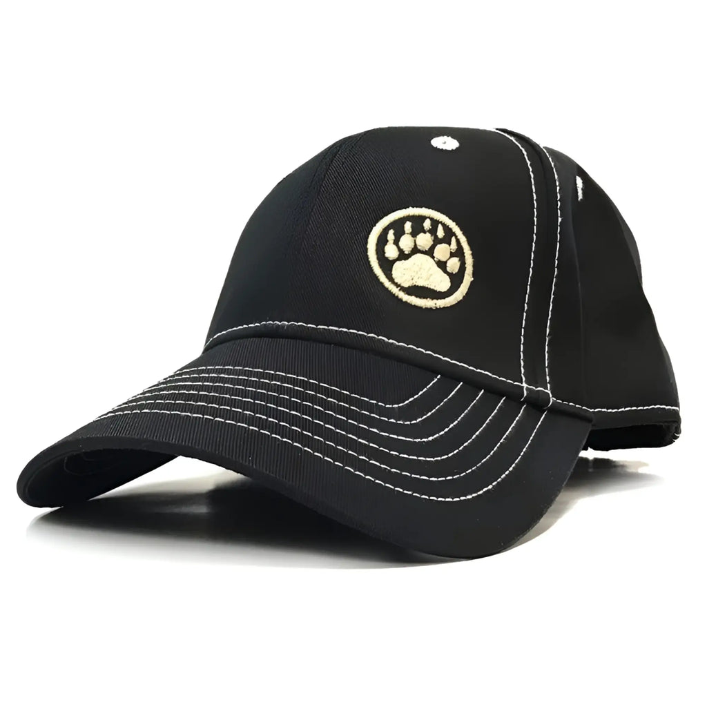 Black baseball cap with white stitching and beige embroidered bear paw logo on the front for casual wear