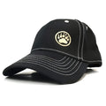 Black baseball cap with white stitching and beige embroidered bear paw logo on the front for casual wear