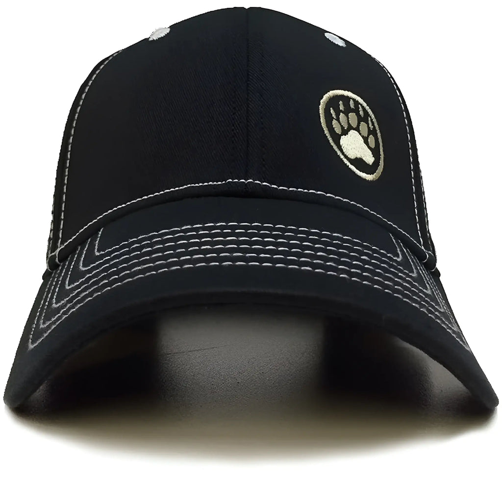Black baseball cap with white stitching and circular embroidered bear paw logo on front for casual wear