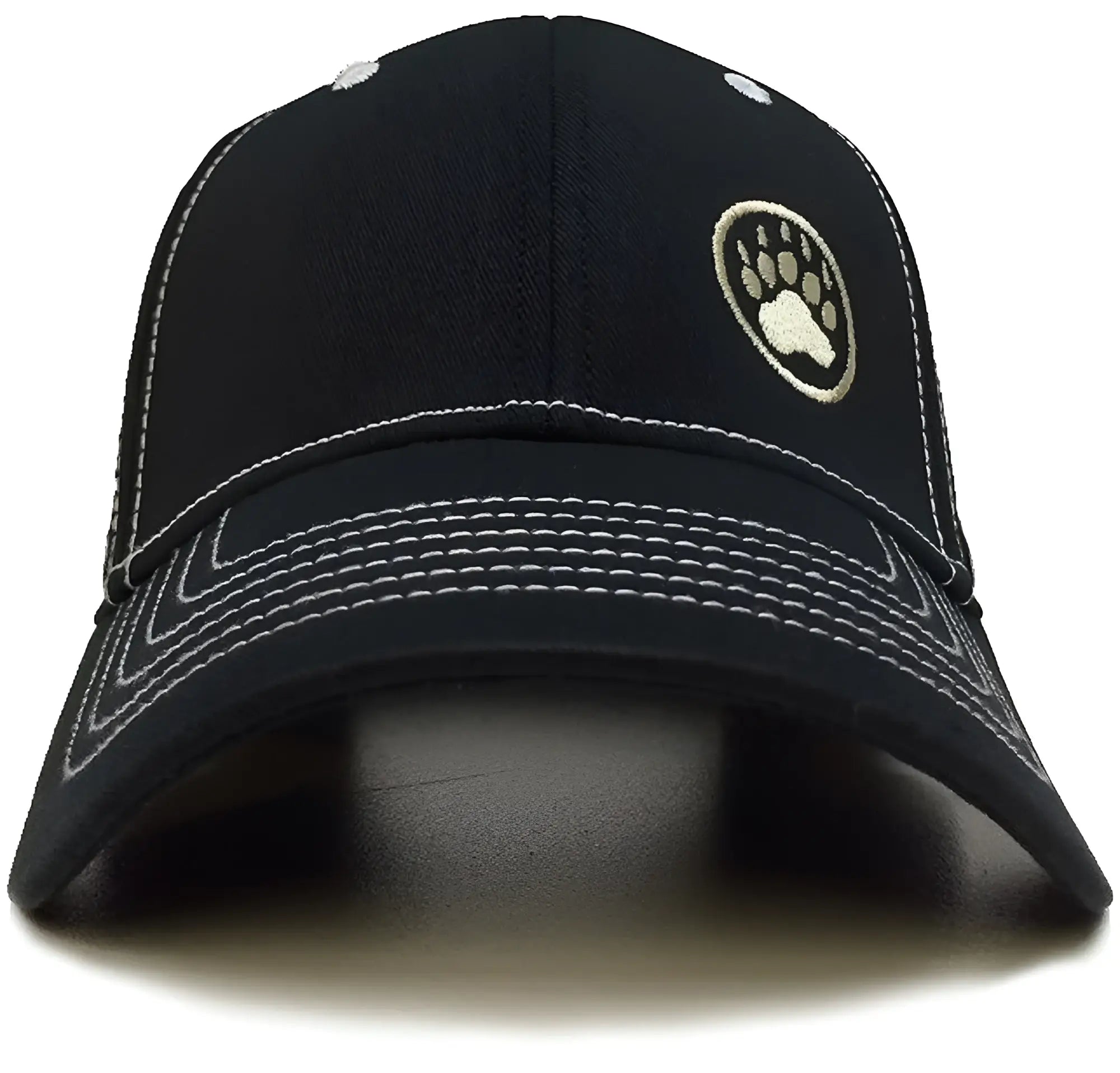 Black baseball cap with white stitching and circular embroidered bear paw logo on front for casual wear