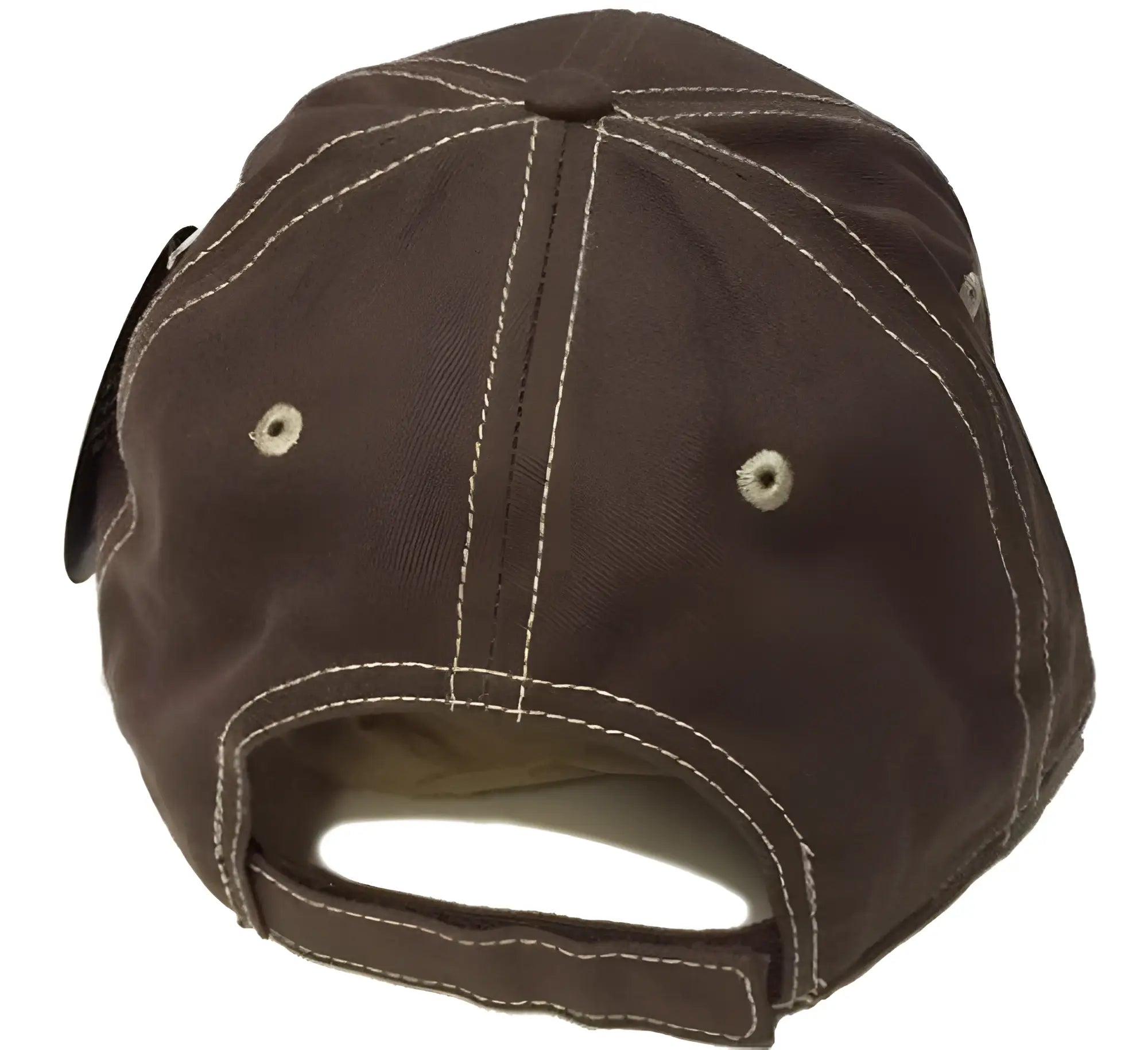 Brown bear paw logo baseball cap with white stitching and adjustable strap showing the back side of the cap