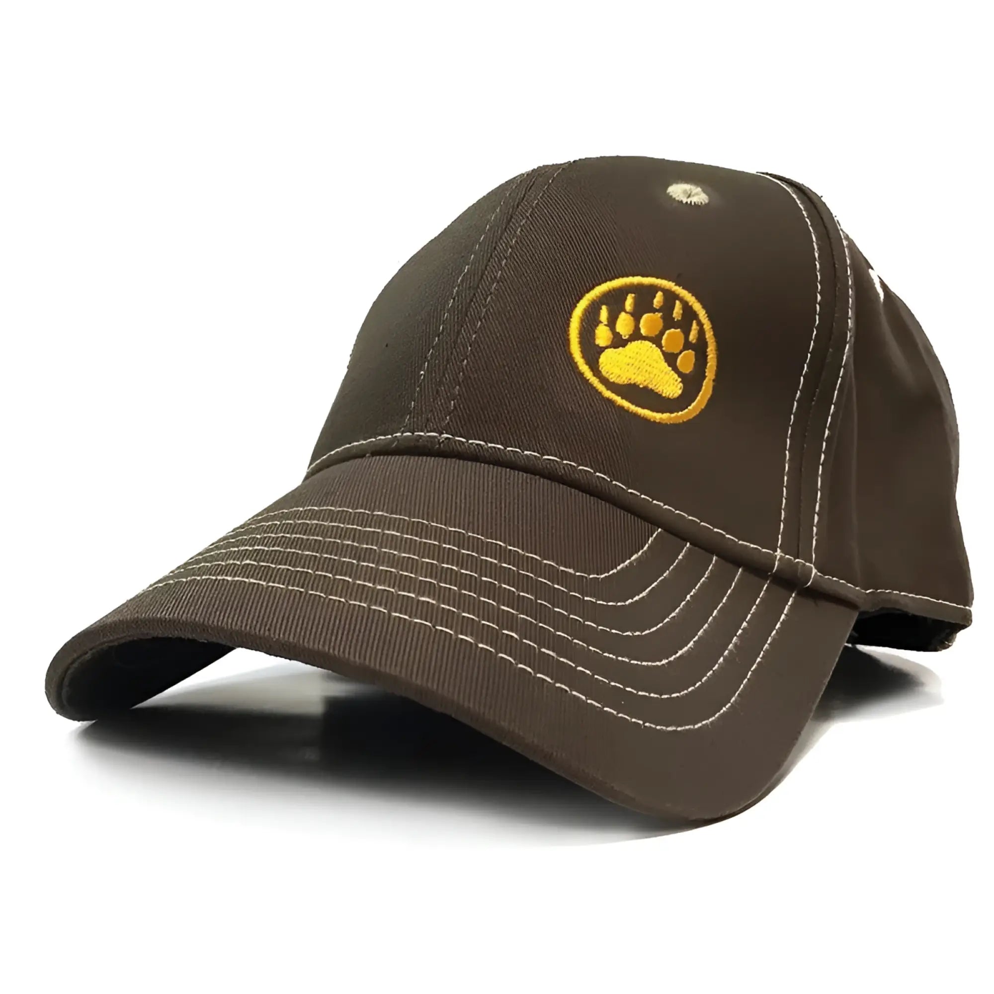 Brown baseball cap with yellow embroidered bear paw logo and white stitching details in cotton fabric