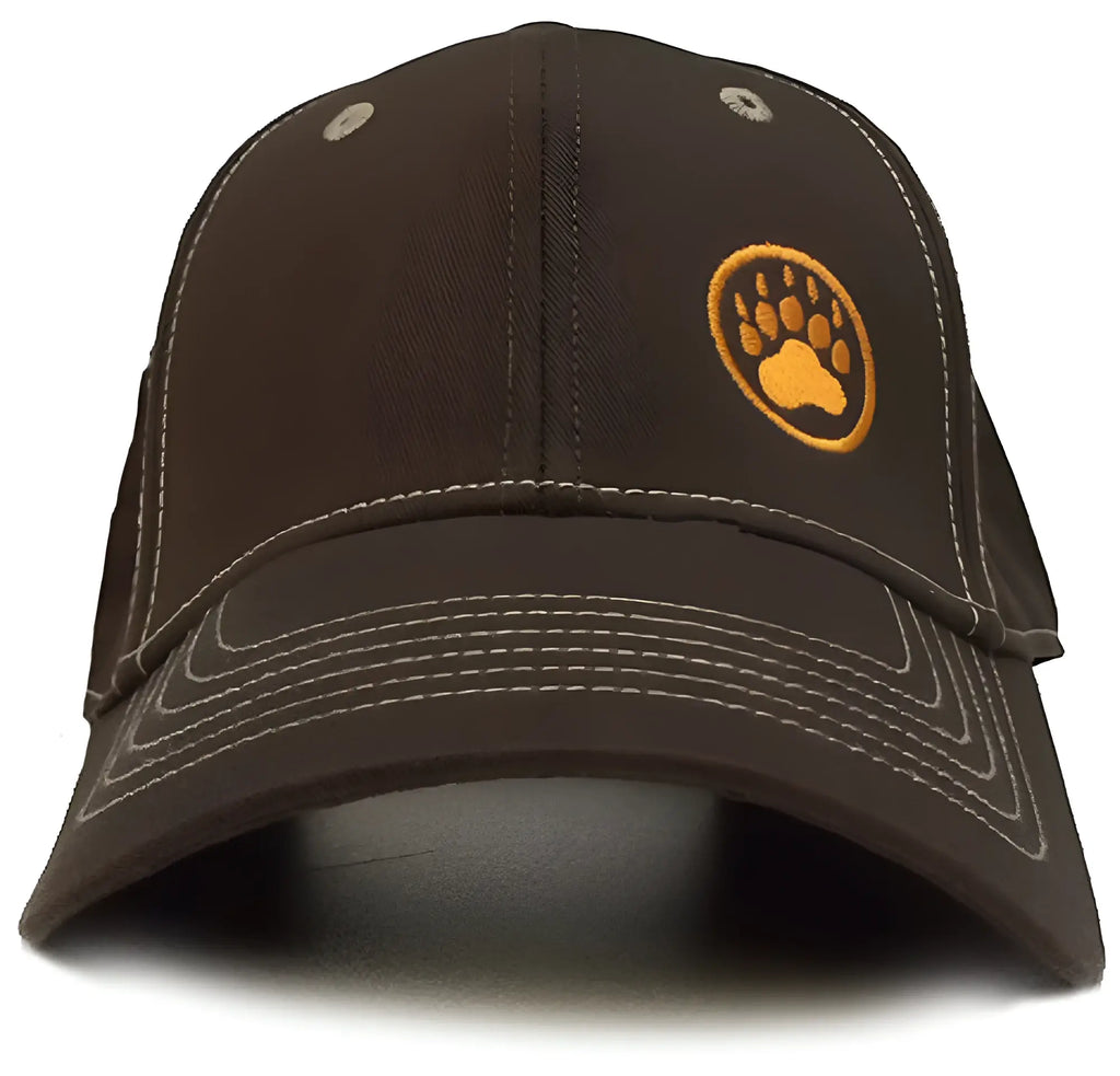 Dark brown baseball cap with gold-embroidered bear paw logo front featuring adjustable fit for casual wear