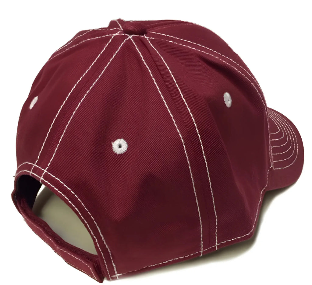 Maroon bear paw logo baseball cap with white stitching and button details in cotton fabric