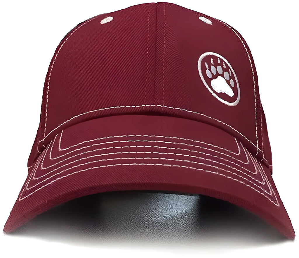 Maroon bear paw logo cap with white embroidered paw print and contrasting stitching for casual wear