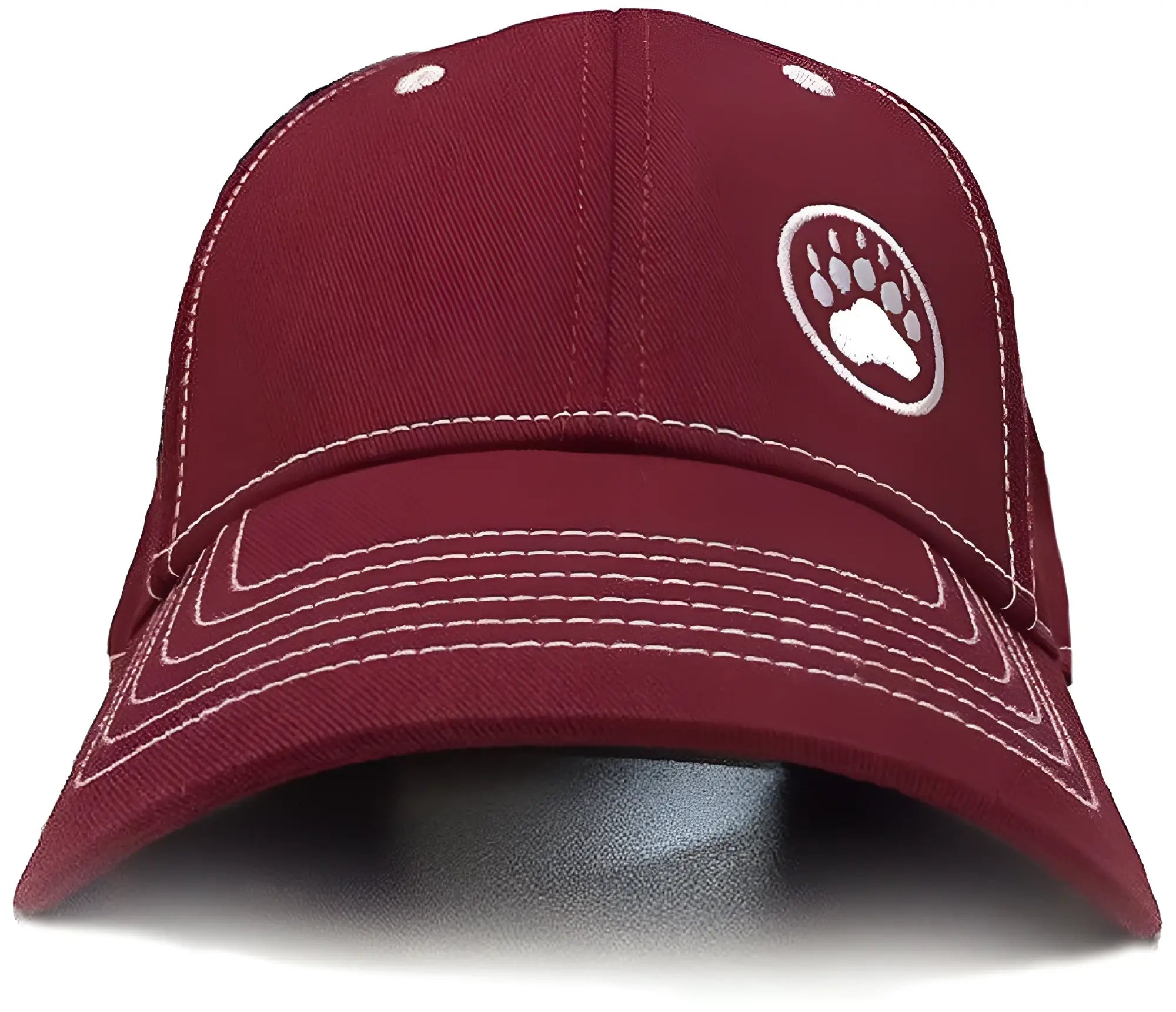 Maroon bear paw logo cap with white embroidered paw print and contrasting stitching for casual wear