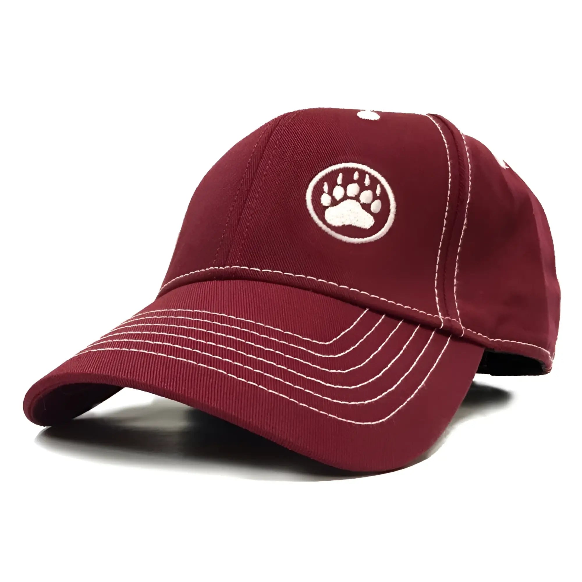 Maroon bear paw logo cap featuring a white embroidered paw print and contrasting stitching on the front panel