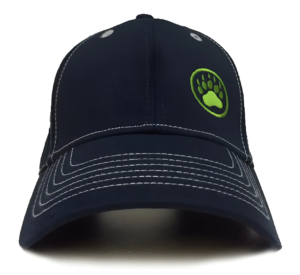 Bear paw logo cap navy dark navy baseball cap with bright green embroidered paw print and white stitching details
