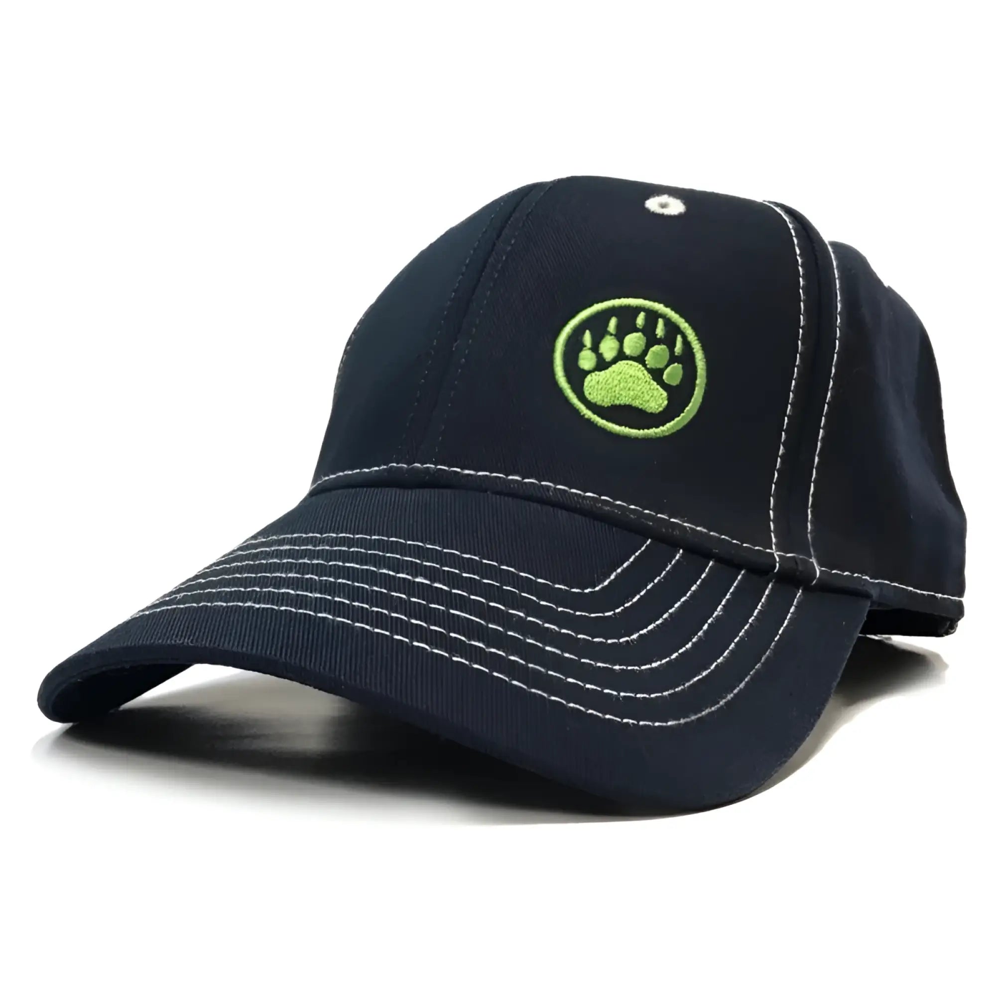 Bear Paw Logo Cap navy dark navy baseball cap with lime green embroidered paw print and white contrast stitching