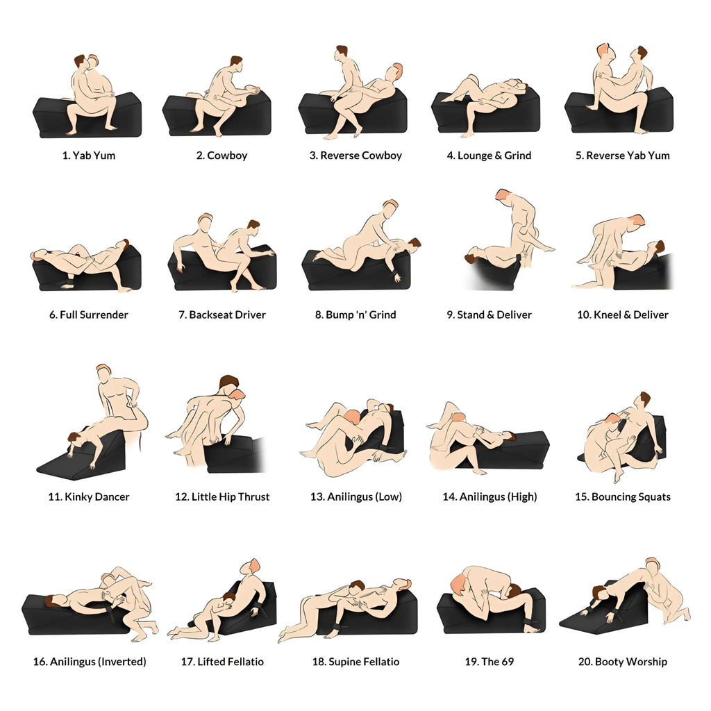 Bedroom Bliss Bondage Cushion Set: A guide showing 20 sexual positions using a black, wedge-shaped restraint cushion.