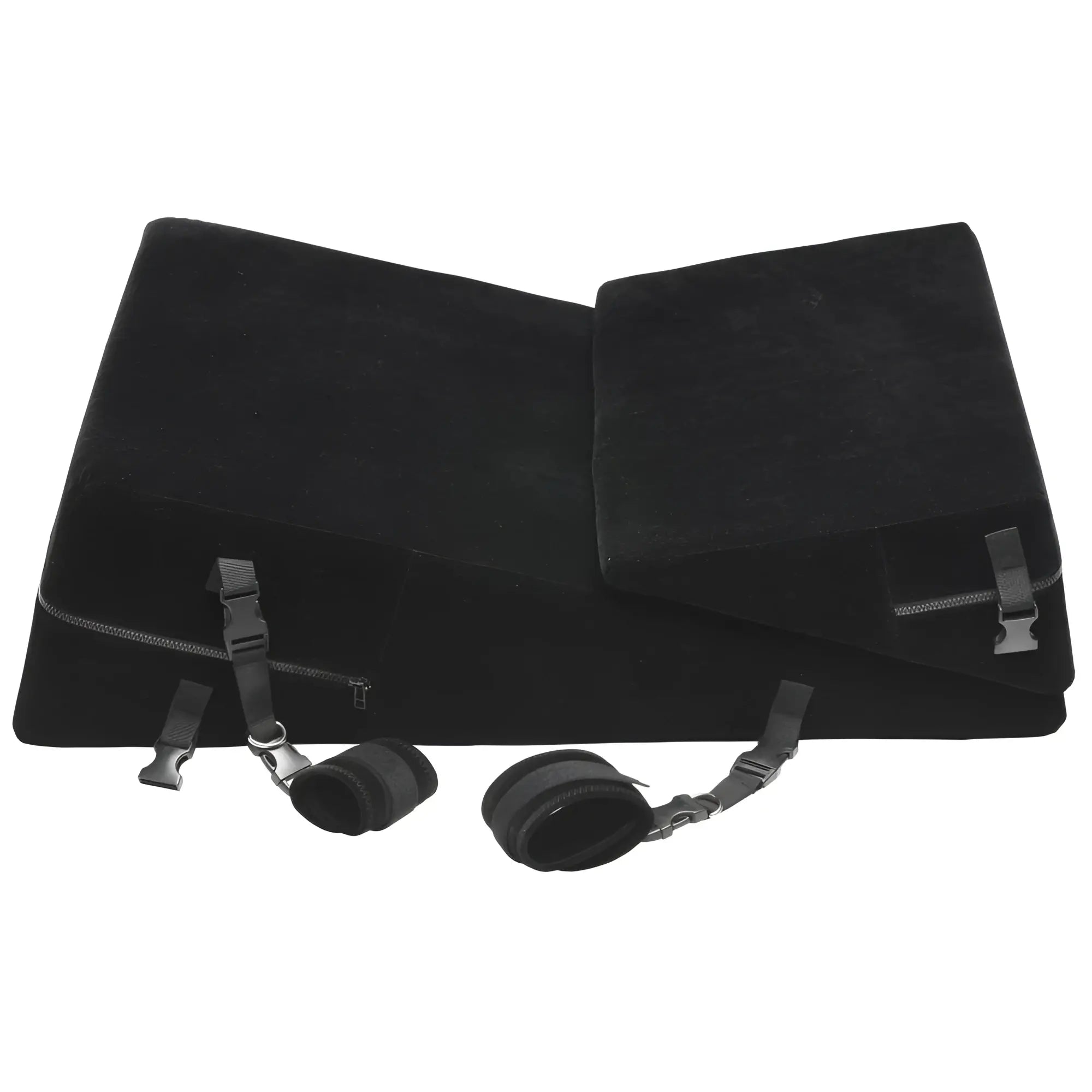 Bedroom Bliss Bondage Cushion Set: Black velvet-covered wedge pillows with adjustable straps and soft wrist cuffs.