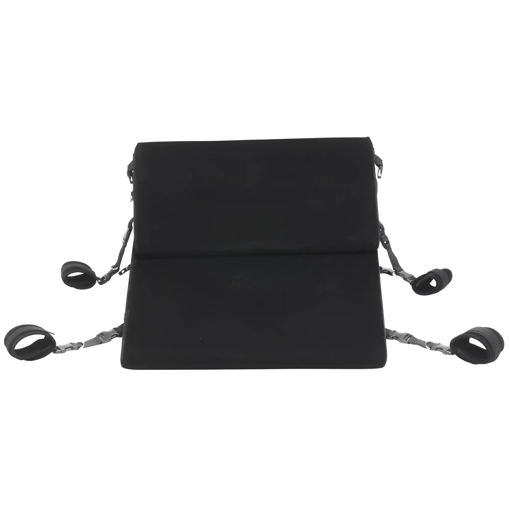 Bedroom Bliss Bondage Cushion Set: A black, wedge-shaped foam cushion featuring four adjustable straps with wrist cuffs.