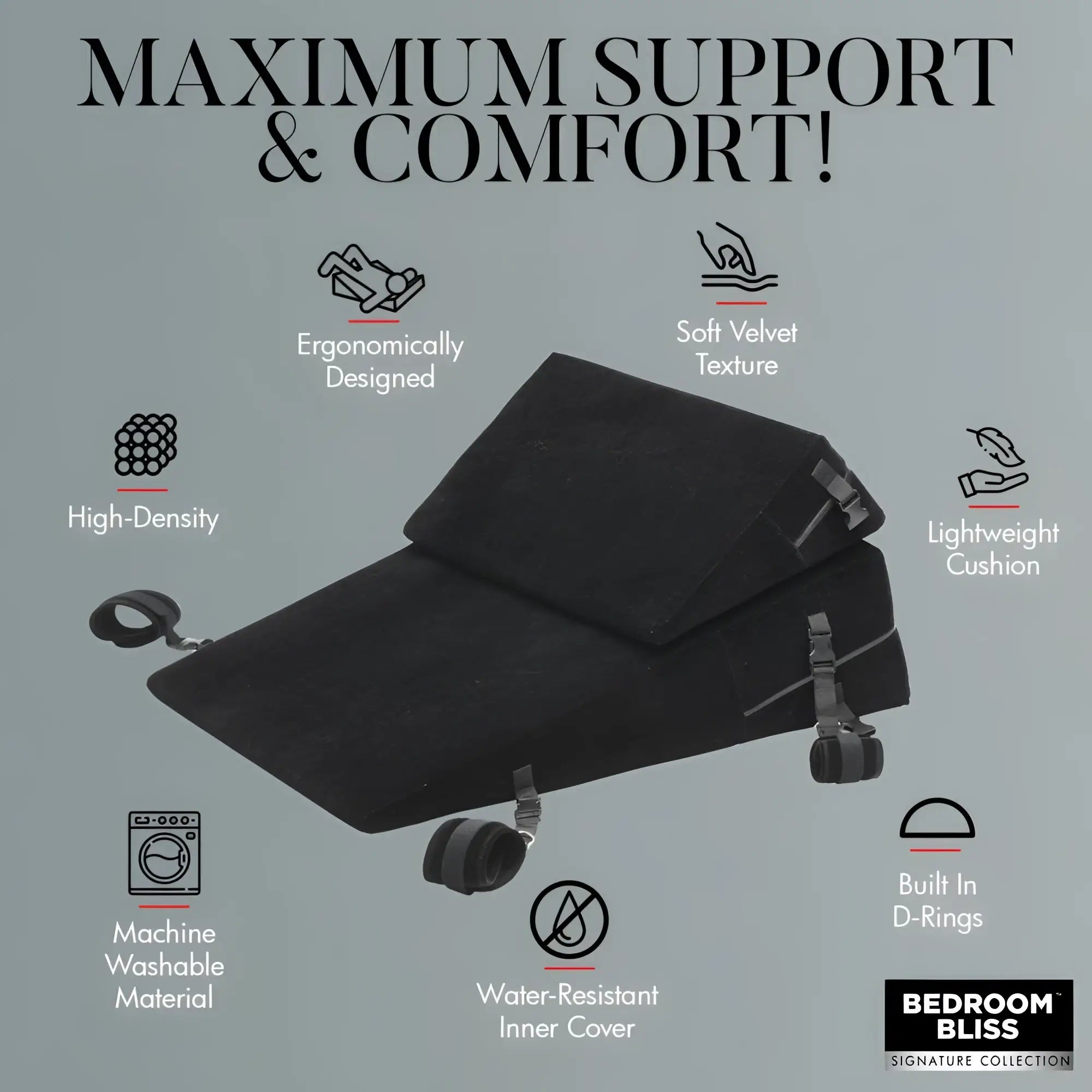 Bedroom Bliss Bondage Cushion Set: A black velvet wedge pillow with adjustable straps, D-rings, and comfort features.