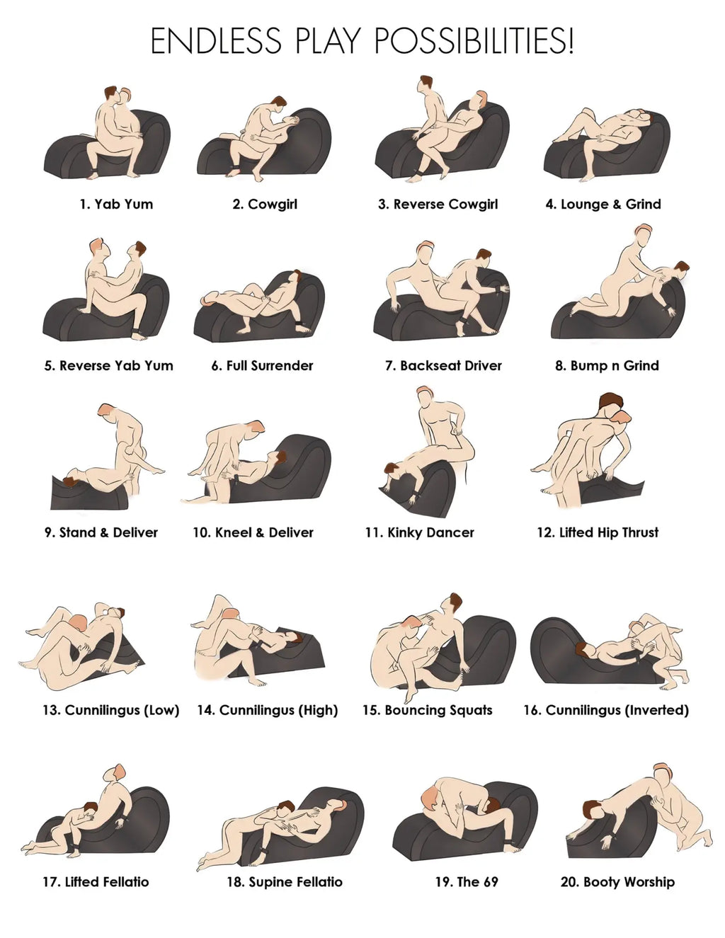 Bedroom Bliss Bondage Love Couch shown in a chart with 20 illustrated sexual positions in black and white.