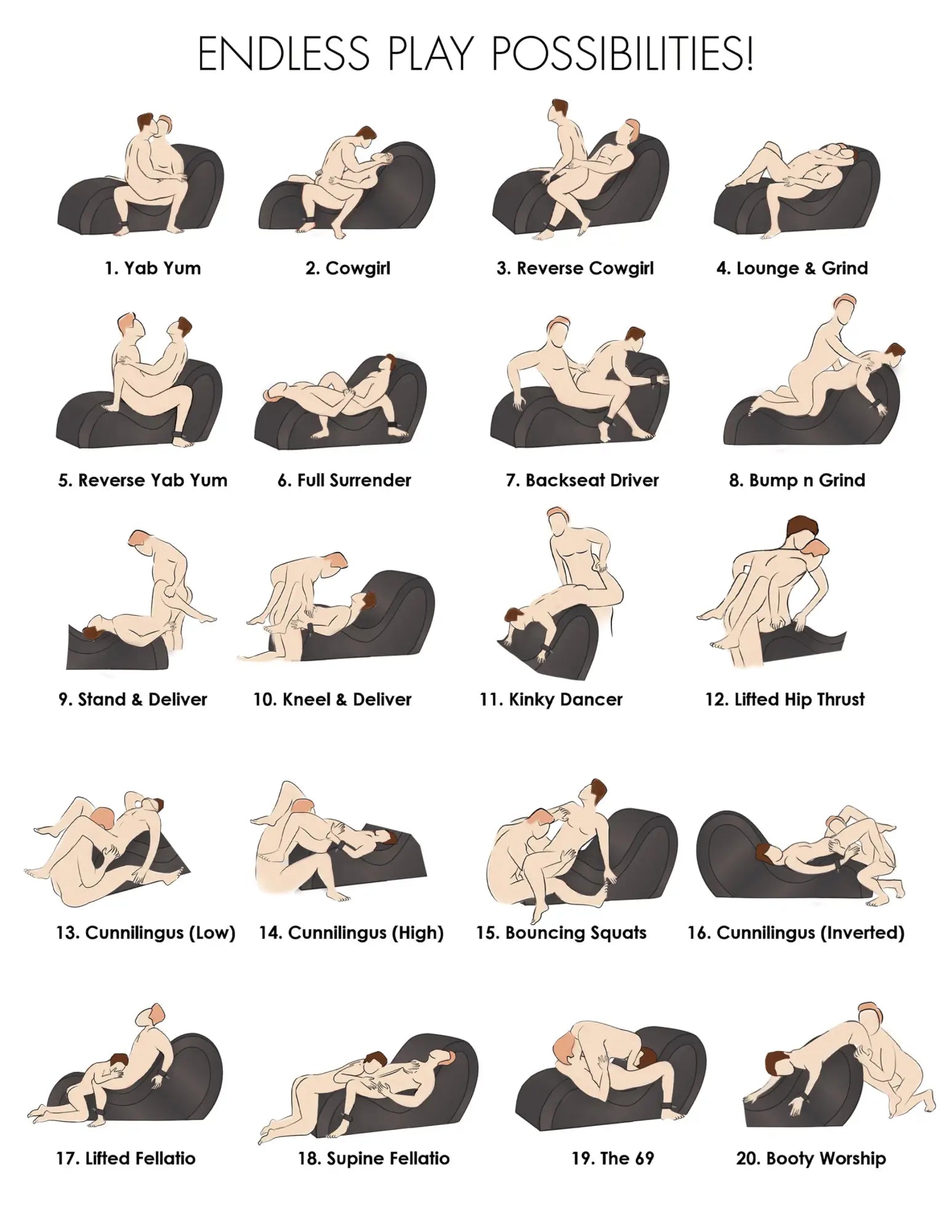 Bedroom Bliss Bondage Love Couch shown in a chart with 20 illustrated sexual positions in black and white.