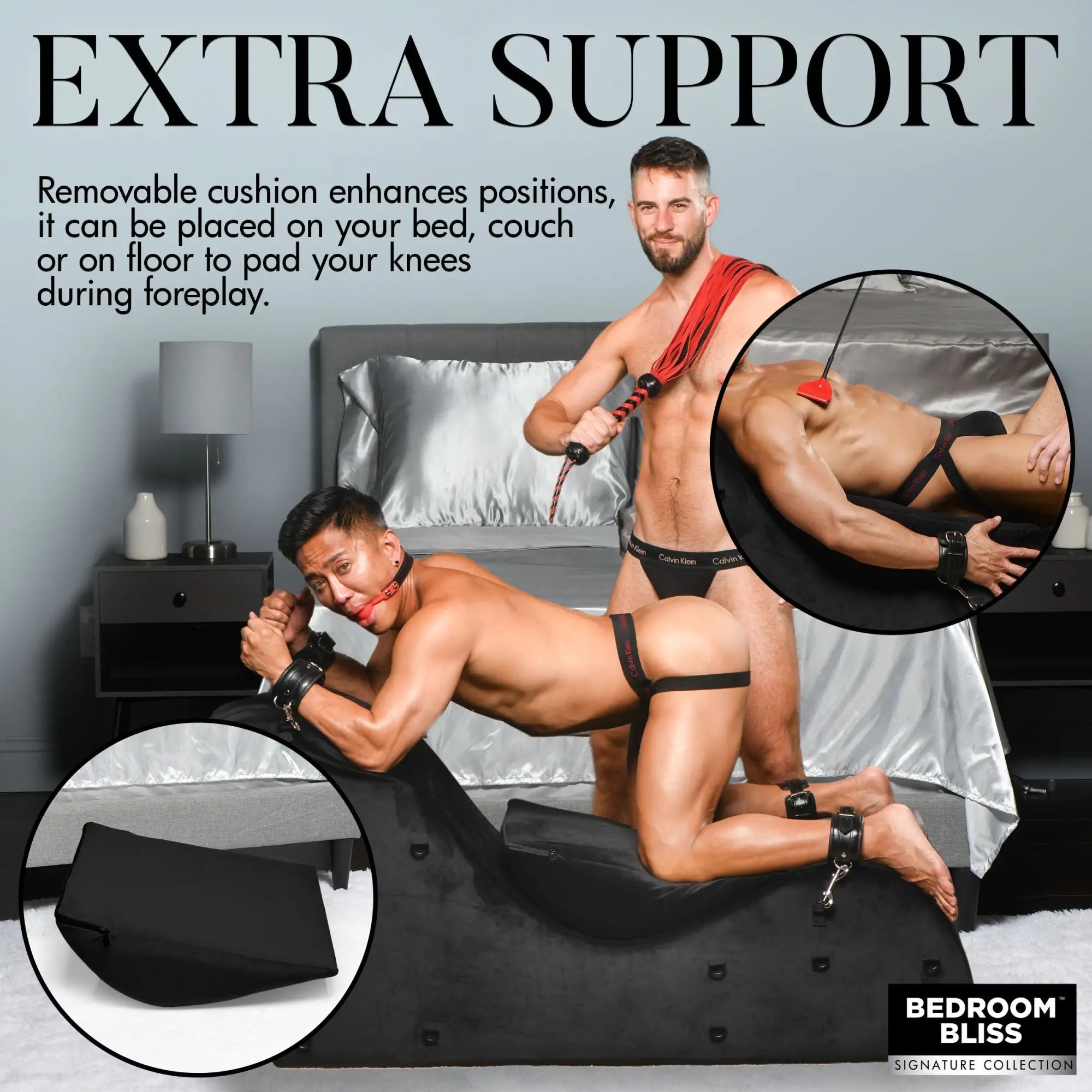 Bedroom Bliss Bondage Love Couch: A black, curved foam cushion for positioning, shown with a man on a bed background.