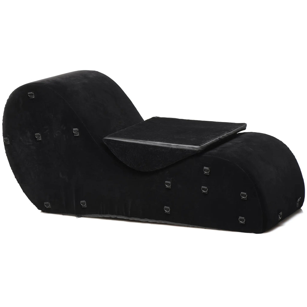 Bedroom Bliss Bondage Love Couch: A black, velvet-textured ergonomic chaise lounge featuring integrated metal D-rings.