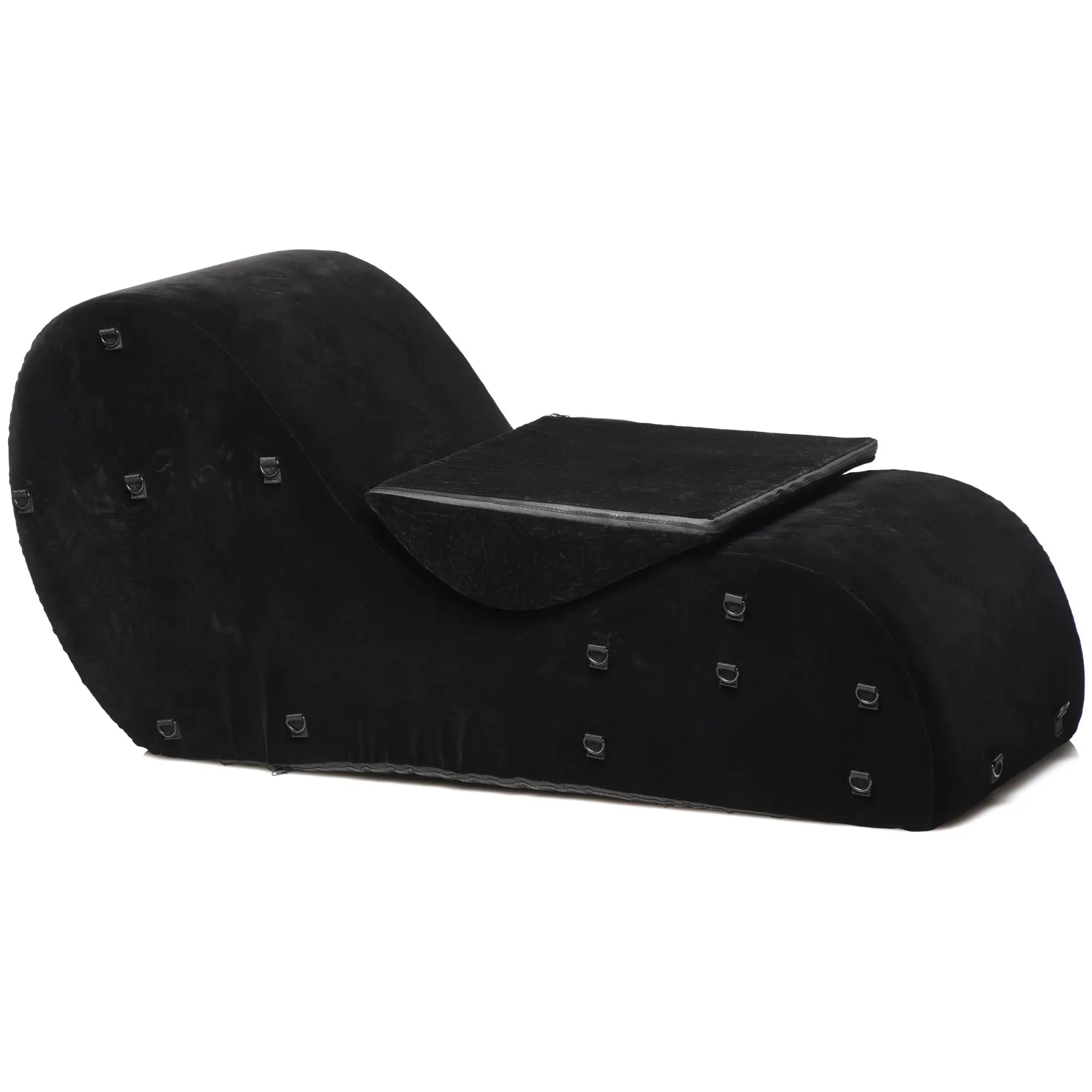Bedroom Bliss Bondage Love Couch: A black, velvet-textured ergonomic chaise lounge featuring integrated metal D-rings.