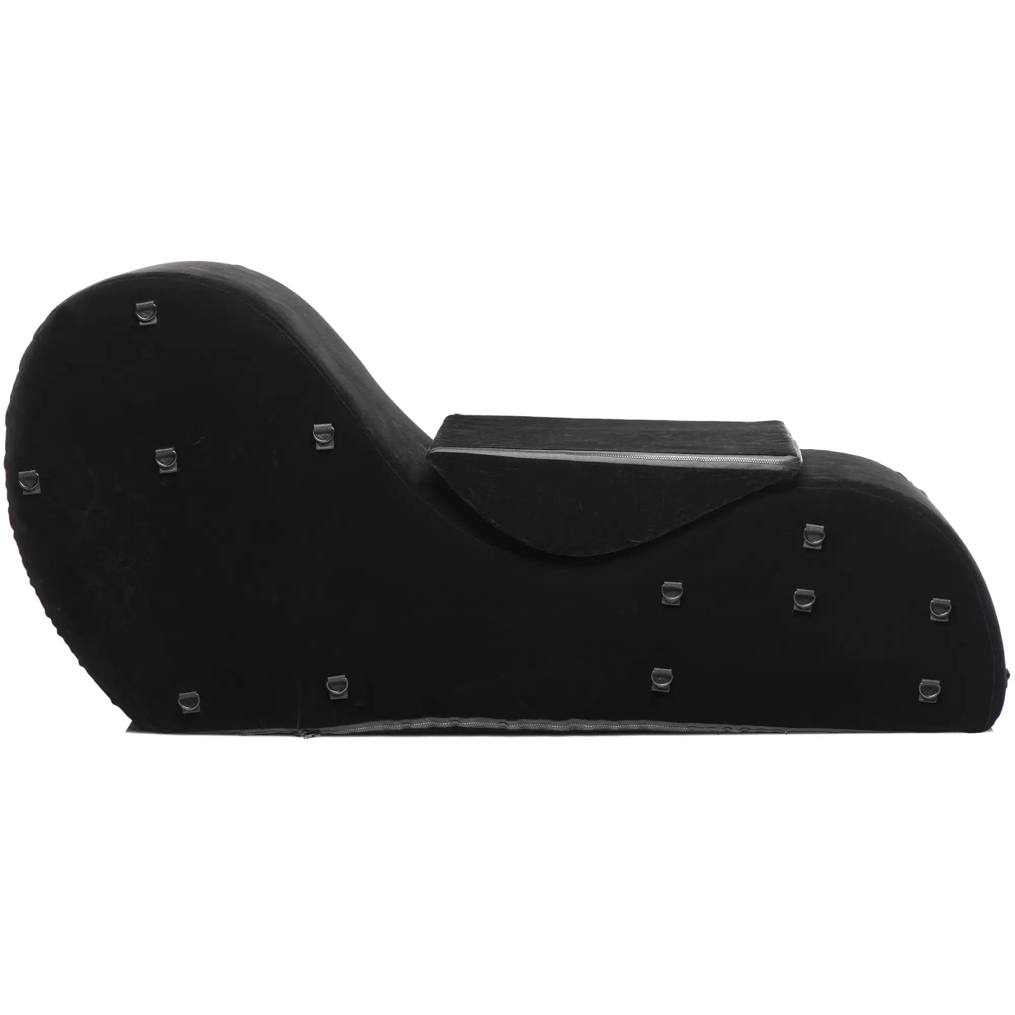 Bedroom Bliss The Bondage Love Couch: A black, velvet, contoured lounge chair featuring built-in metal d-ring anchors.