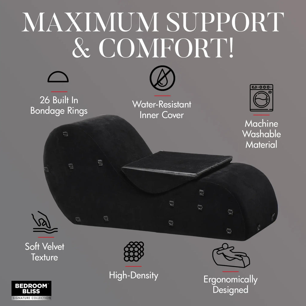 Bedroom Bliss Bondage Love Couch: A black, velvet, ergonomic lounge chair with metal rings and feature icons.