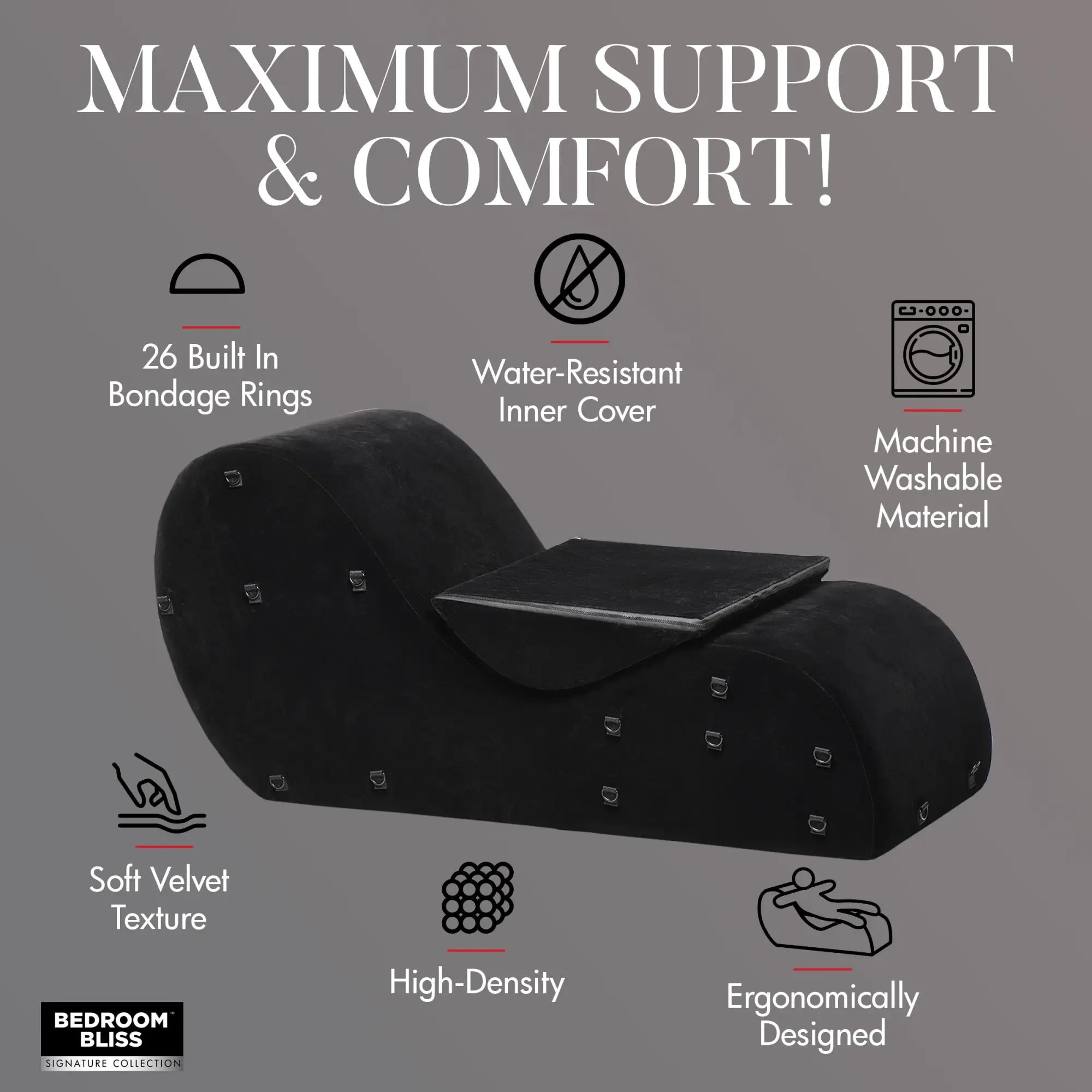Bedroom Bliss Bondage Love Couch: A black, velvet, ergonomic lounge chair with metal rings and feature icons.
