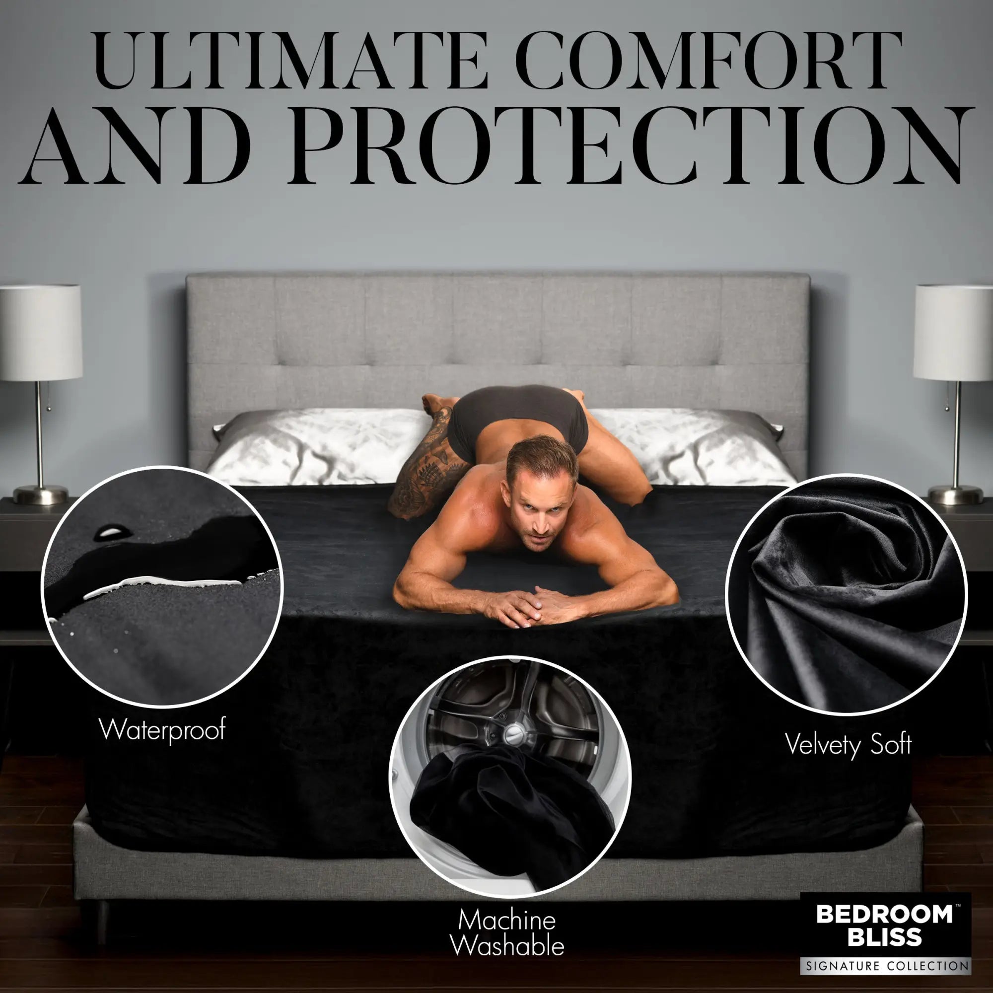 Bedroom Bliss waterproof black throw blanket on a bed, showcasing its soft texture and machine-washable quality.