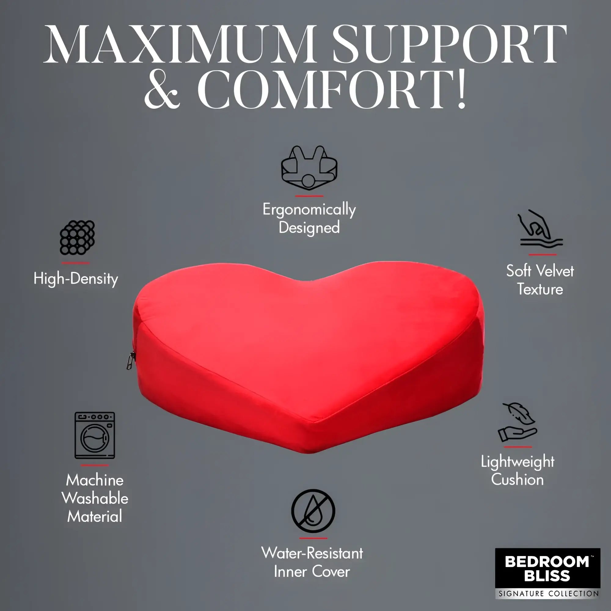 Bedroom Bliss The Heart Pillow: A red, heart-shaped, velvet ergonomic cushion with surrounding feature icons.
