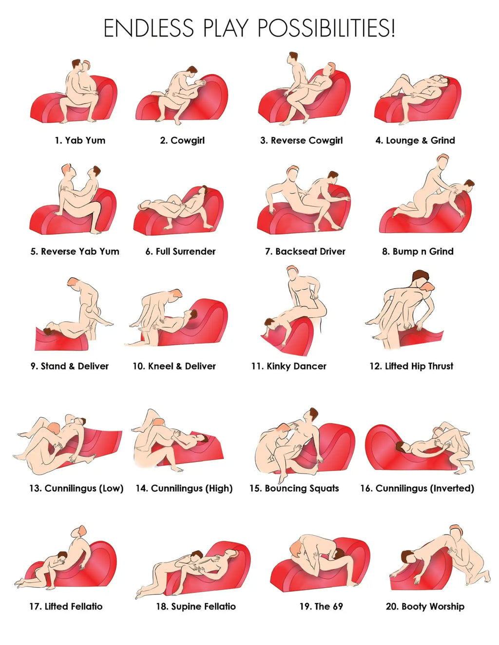 Bedroom Bliss The Love Couch: A red, wave-shaped ergonomic furniture piece shown with 20 illustrated sexual positions.