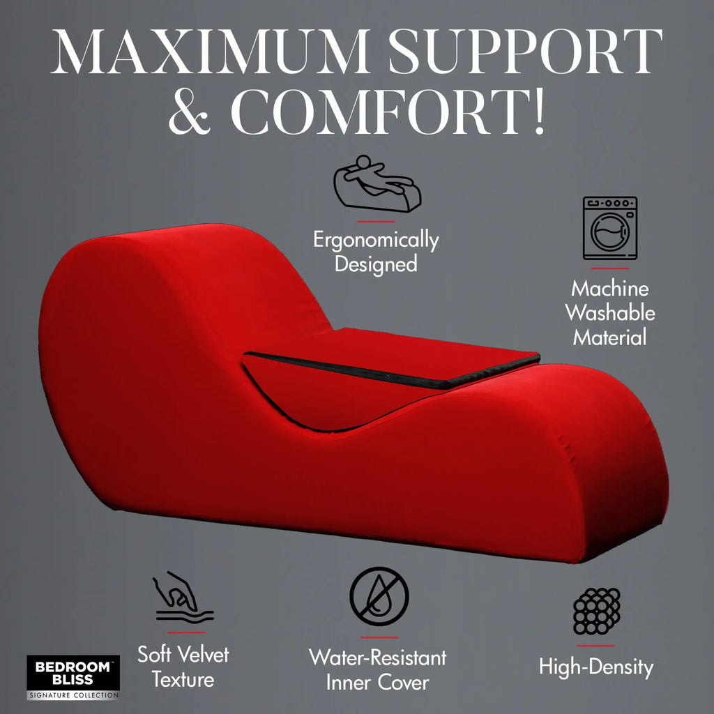 Bedroom Bliss The Love Couch: A red, curved, ergonomic velvet lounge chair featuring icons highlighting product benefits.