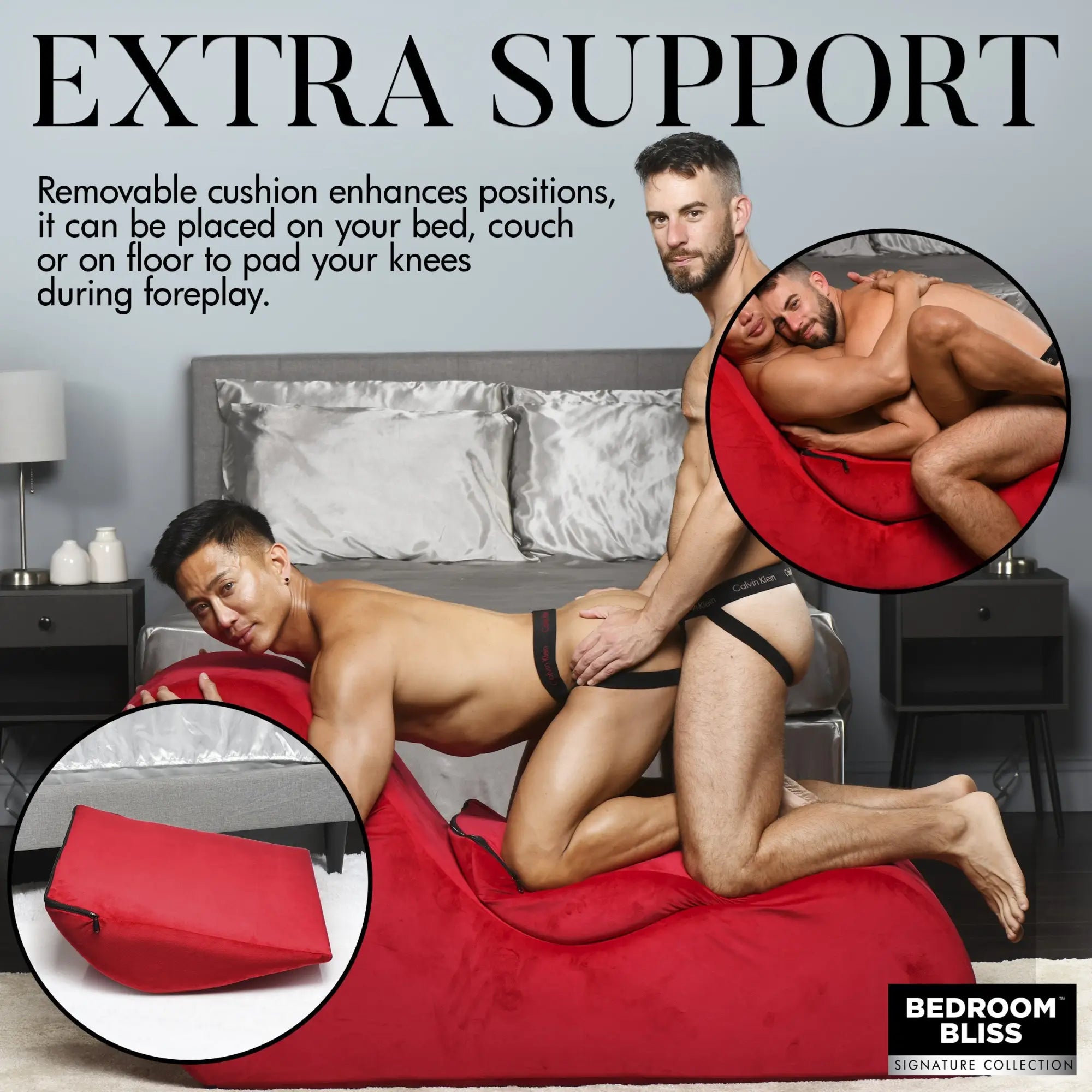 Bedroom Bliss The Love Couch: A vibrant red, ergonomic foam cushion used to support two men in intimate bedroom poses.