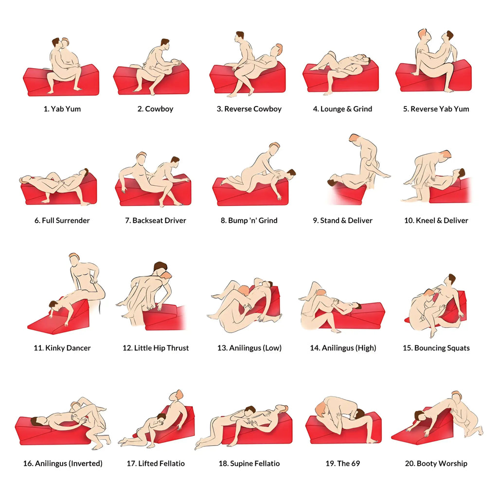 Bedroom Bliss Love Cushion Set: A guide showing 20 sexual positions using a red, wedge-shaped foam lounge cushion.
