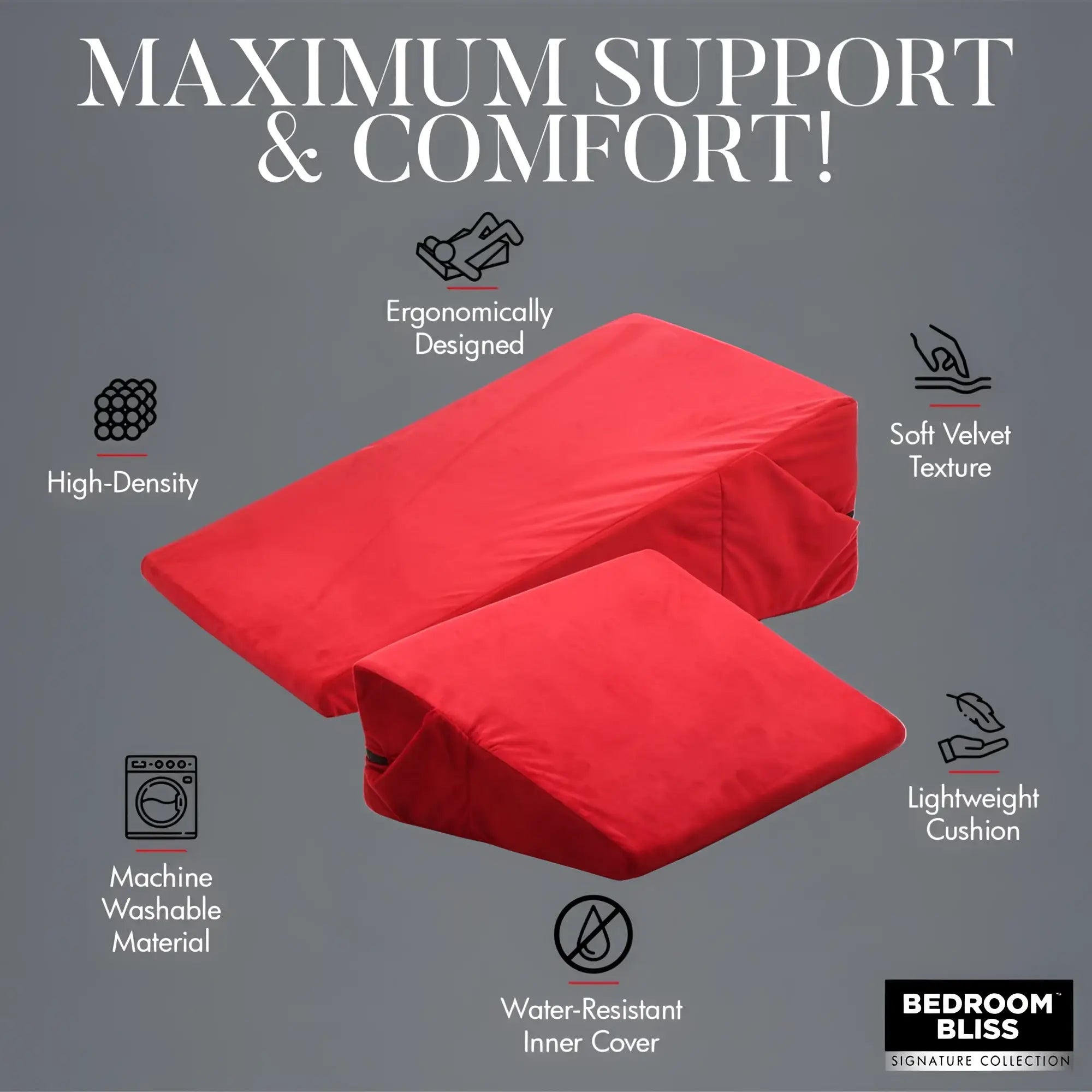 Bedroom Bliss Love Cushion Set: Two red, velvet-textured, wedge-shaped foam pillows for ergonomic support.