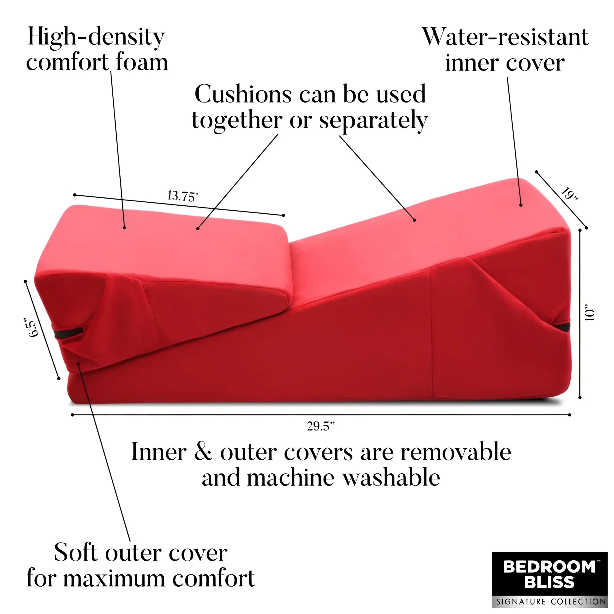 Bedroom Bliss Love Cushion Set in red, featuring two modular wedge pillows with removable, washable fabric covers.
