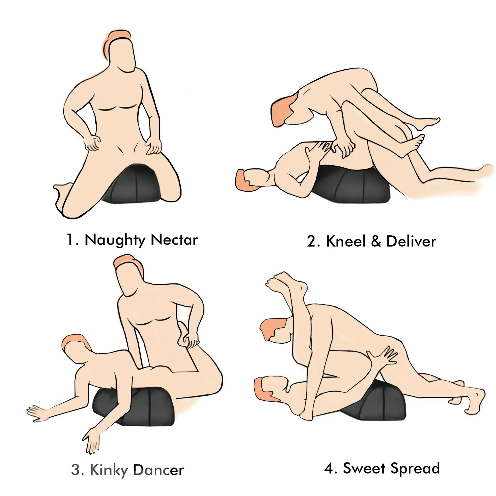 Bedroom Bliss Love Toy Cushion: A set of 4 illustrations showing a couple using a black, wedge-shaped support cushion.