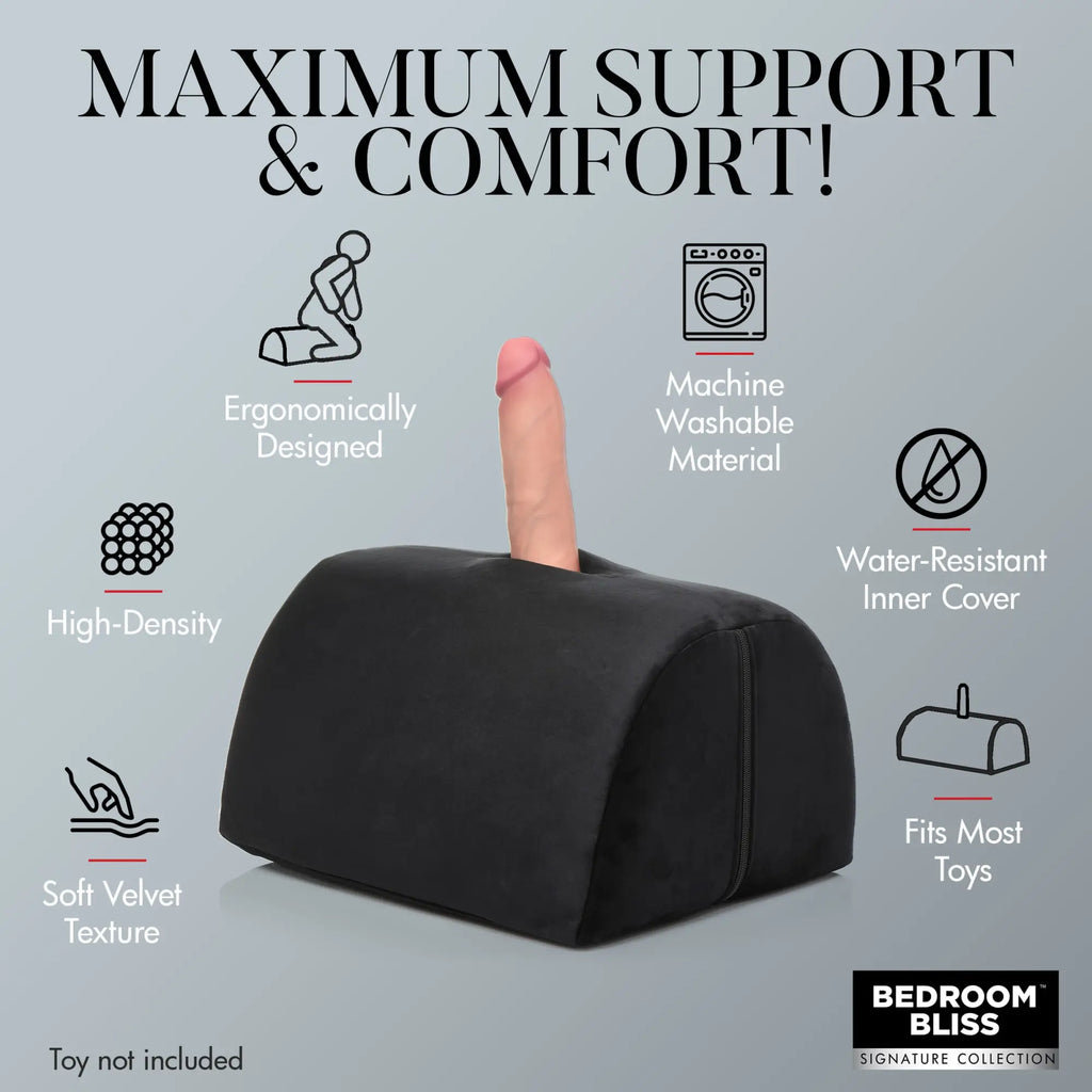 Bedroom Bliss Love Toy Cushion: a black, soft velvet, ergonomic wedge cushion for holding toys. Infographic features.