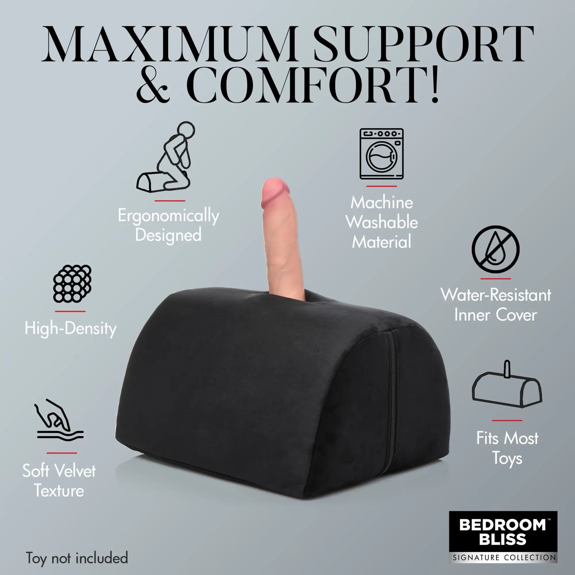 Bedroom Bliss Love Toy Cushion: a black, soft velvet, ergonomic wedge cushion for holding toys. Infographic features.