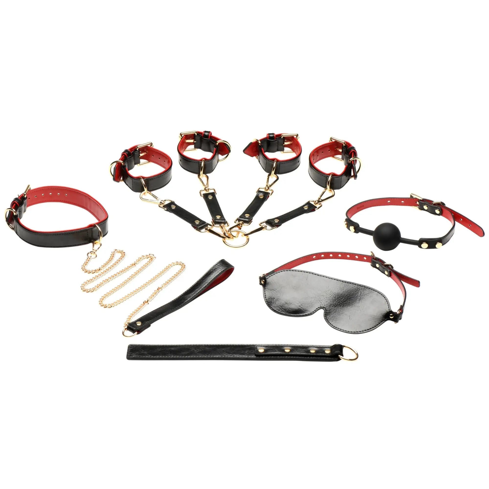 Bedroom Bliss 9pc black and red faux leather bondage set with cuffs, ball gag, blindfold, chains, and restraints.