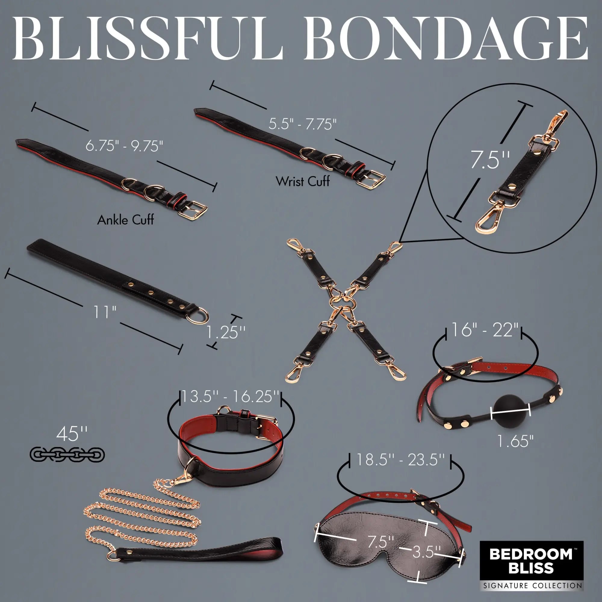 Bedroom Bliss 9pc Deluxe Bondage Set: black faux leather cuffs, collar, blindfold, and accessories with gold hardware.