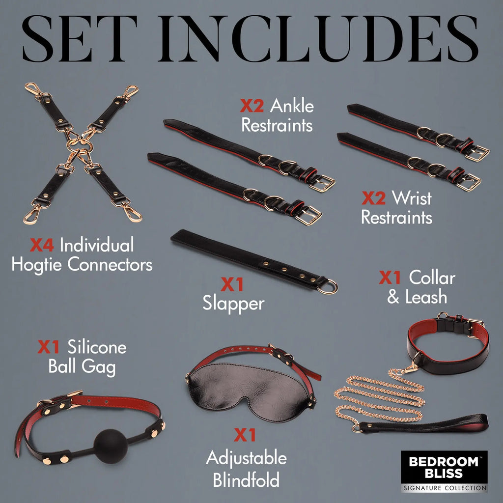 Bedroom Bliss 9pc Deluxe Bondage Set with black-and-red leather restraints, ball gag, blindfold, leash, and hardware.