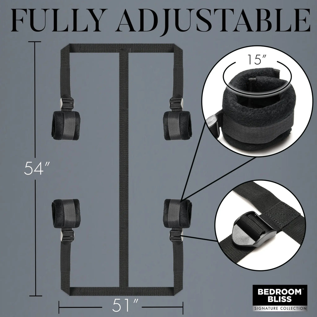 Bedroom Bliss Lover's Bed Restraint System: Black adjustable nylon straps with plush-lined wrist or ankle cuffs.