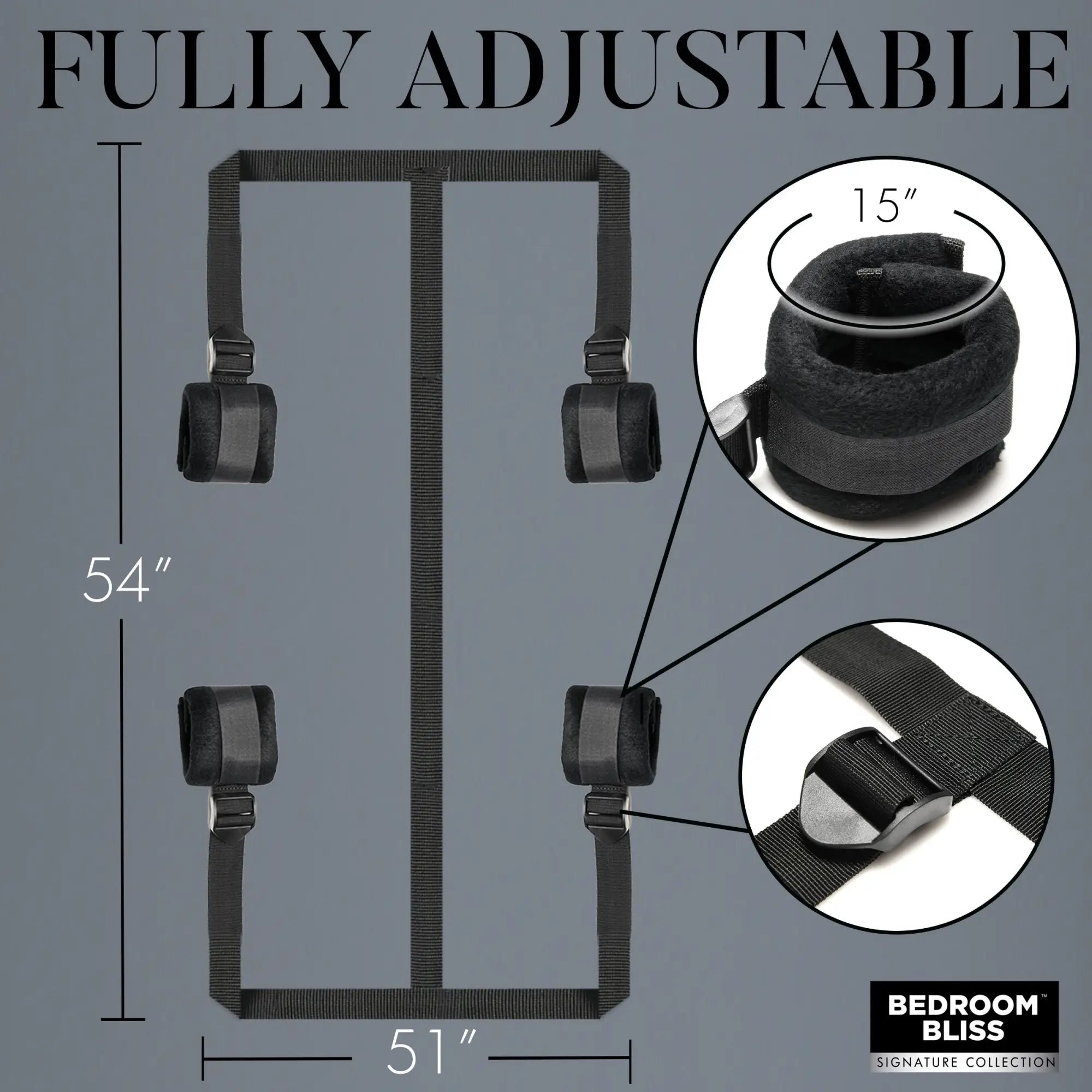Bedroom Bliss Lover's Bed Restraint System: Black adjustable nylon straps with plush-lined wrist or ankle cuffs.
