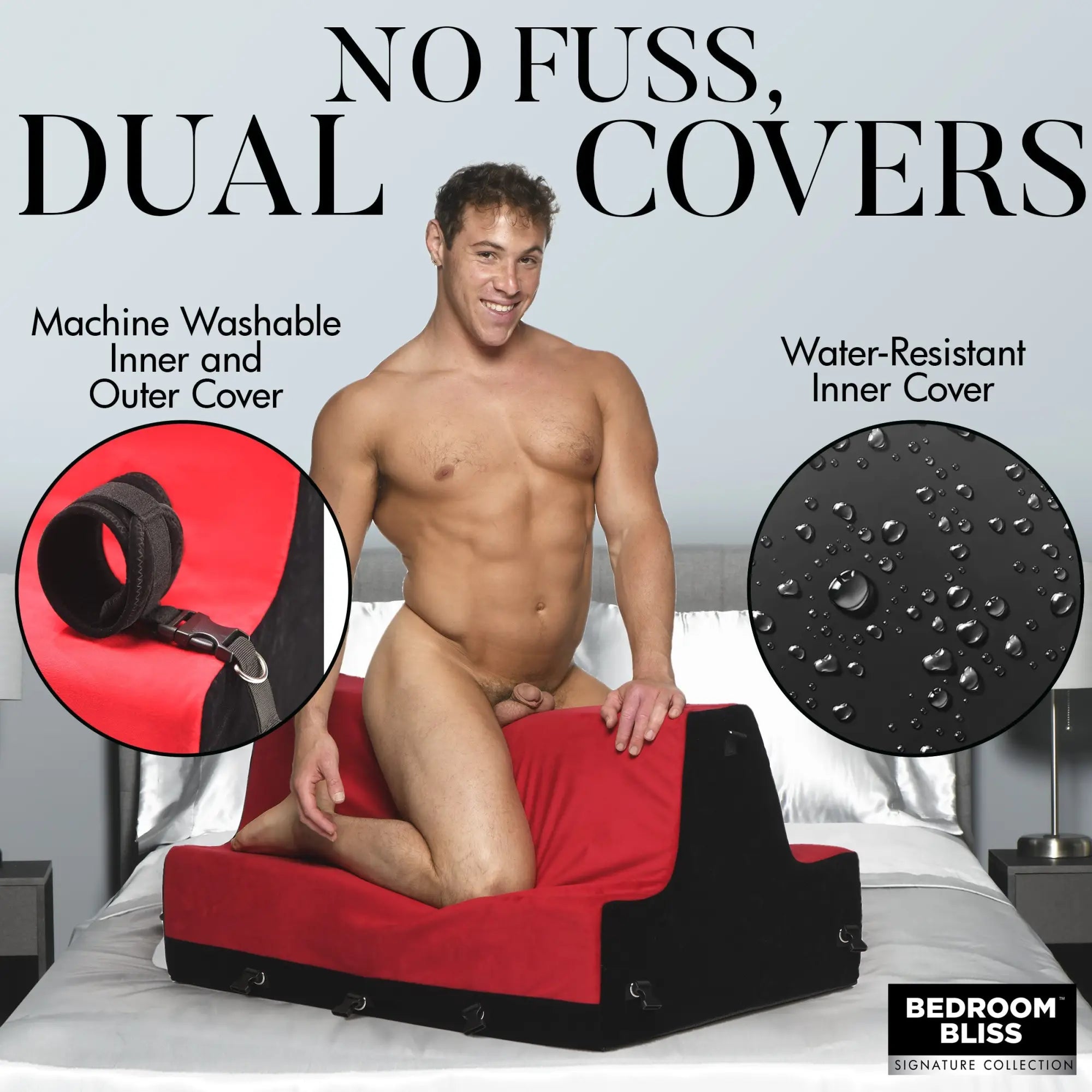 Bedroom Bliss Bondage Bench with red and black design, featuring removable covers, integrated straps, and a model.