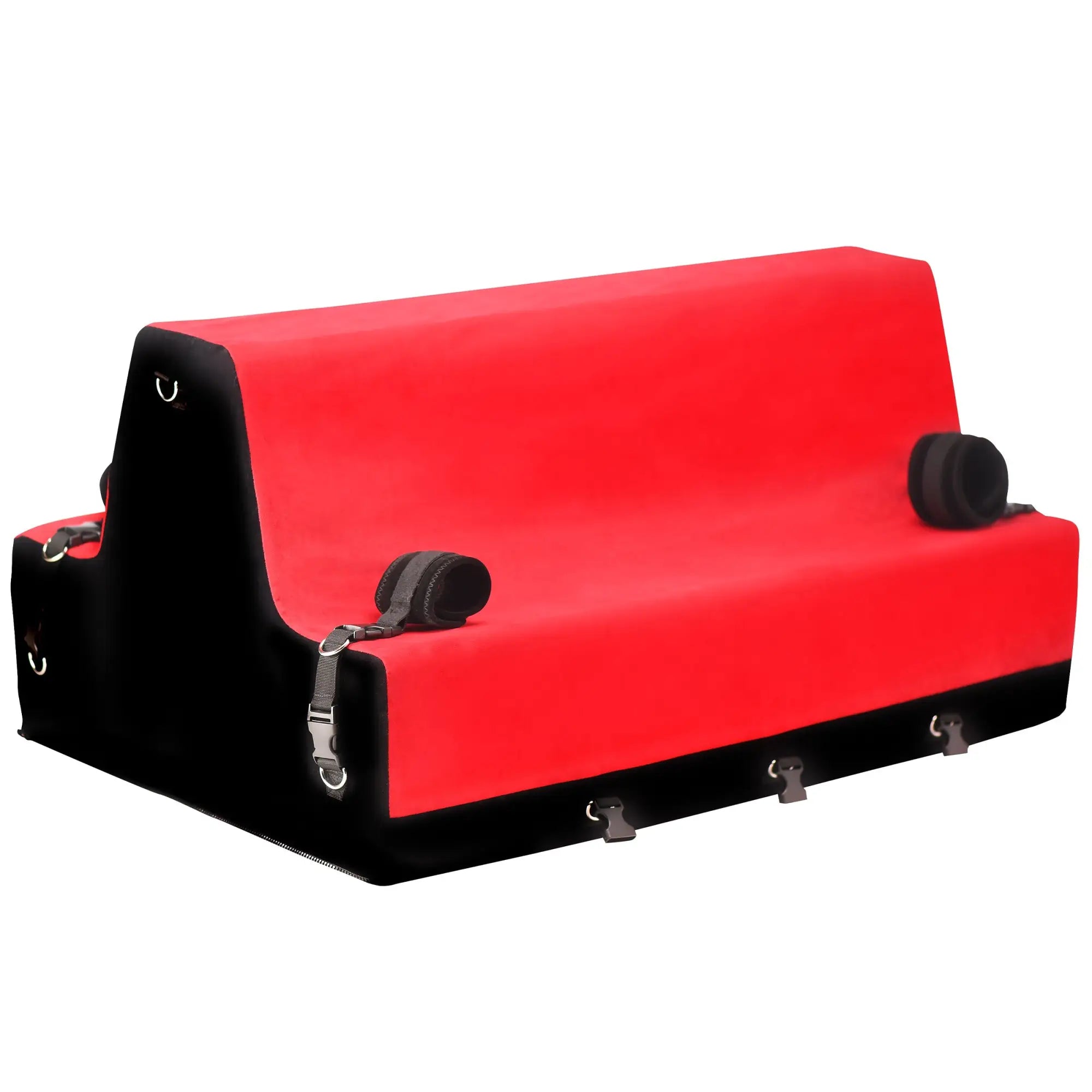 Bedroom Bliss Lover's Bondage Bench in red and black with attached adjustable restraint straps.